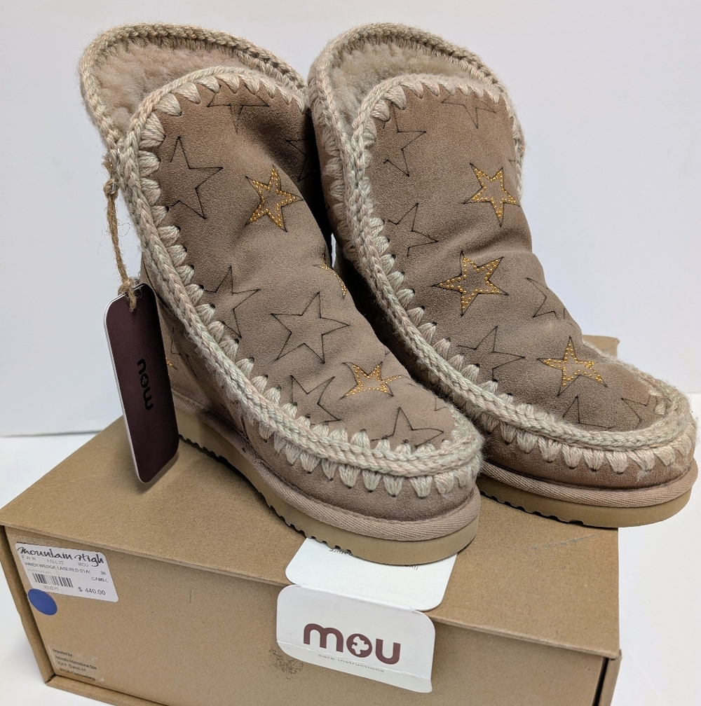 NWT MOU Eskimo Inner Wedge Short Camel Boots $440 Limited Ed Laser Star Sz 6 NEW